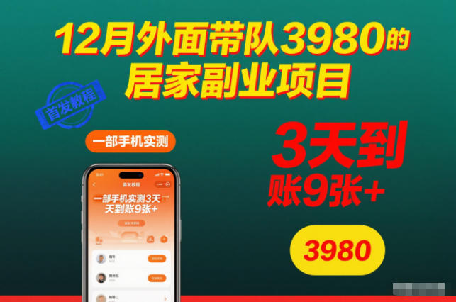12月外面带队3980的居家副业项目,一部手机实测3天到账9张+,首发教程