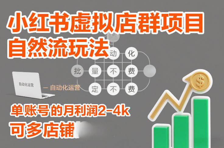 小红书虚拟店群项目，自然流玩法，批量自动化，稳定不费号，单账号的月利润2-4k，可多店矩阵