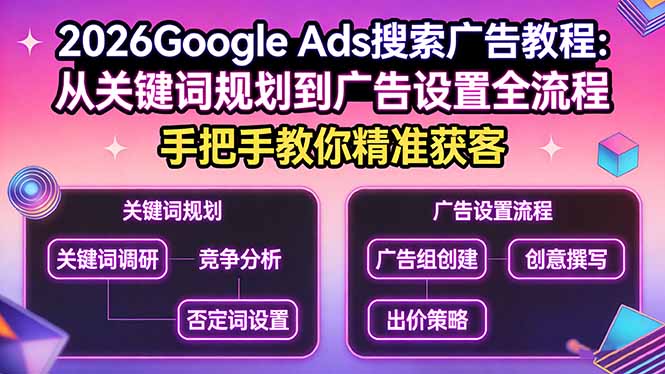（17641期）2026Google Ads搜索广告教程：从关键词规划到广告设置全流程，手把手教你精准获客